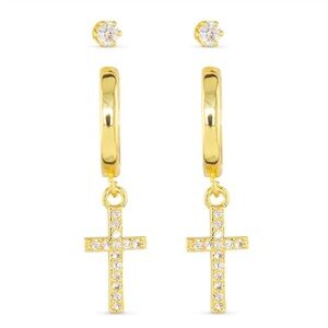 New AMANDA BLU GOLD CROSS & STUD DUO EARRINGS